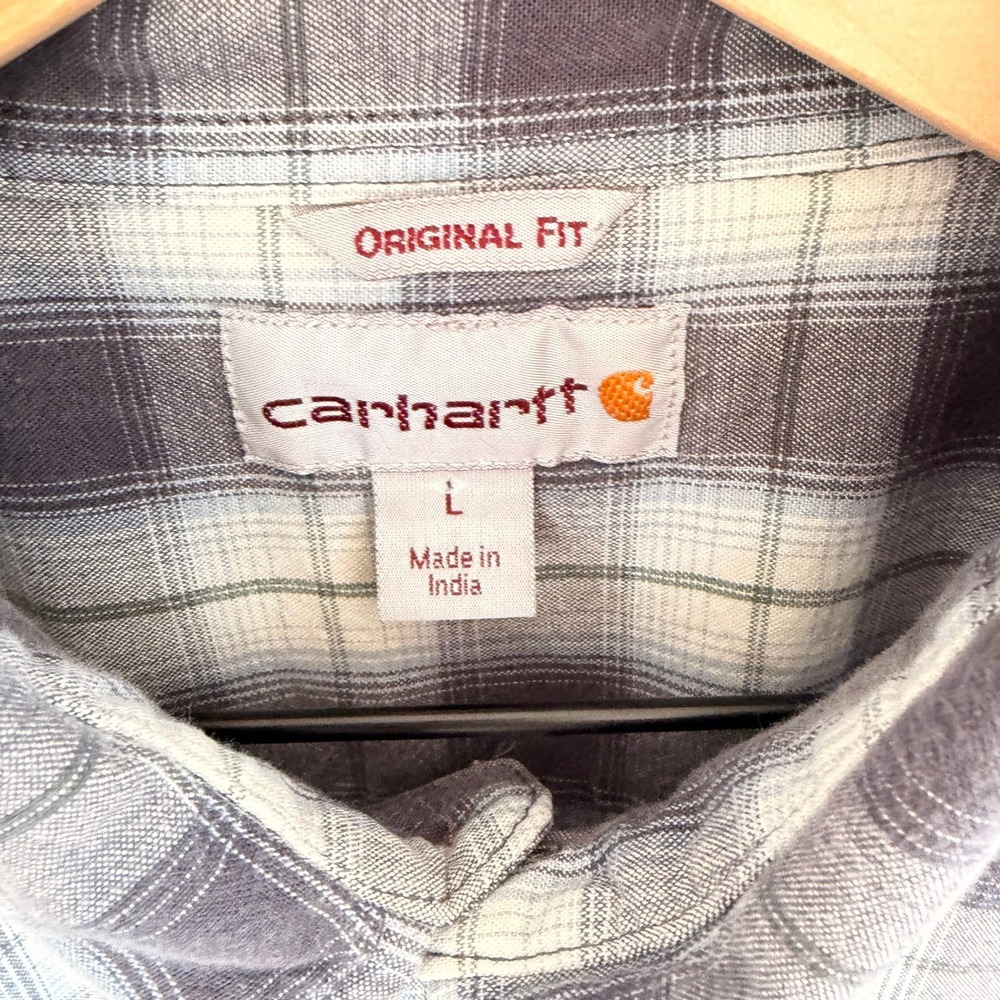 Carhartt Shirt Men's L Blue Gray Plaid Button Up Short Sleeve Original Fit - Picture 3 of 7